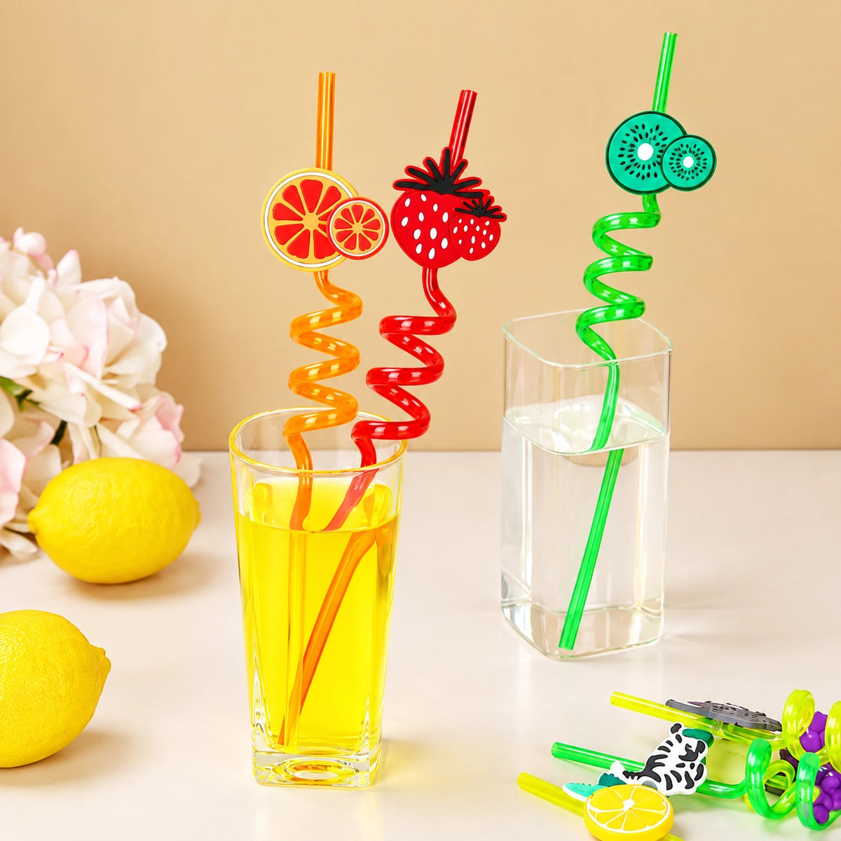 Pack of 4 Reusable Spiral Crazy Straws with Cute Cartoon Attachments