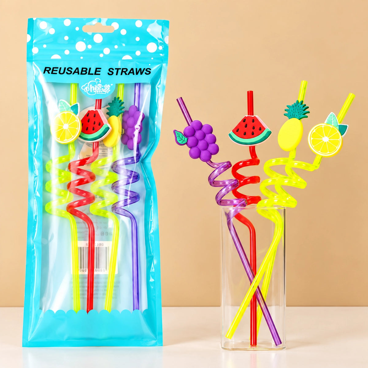 Pack of 4 Reusable Spiral Crazy Straws with Cute Cartoon Attachments